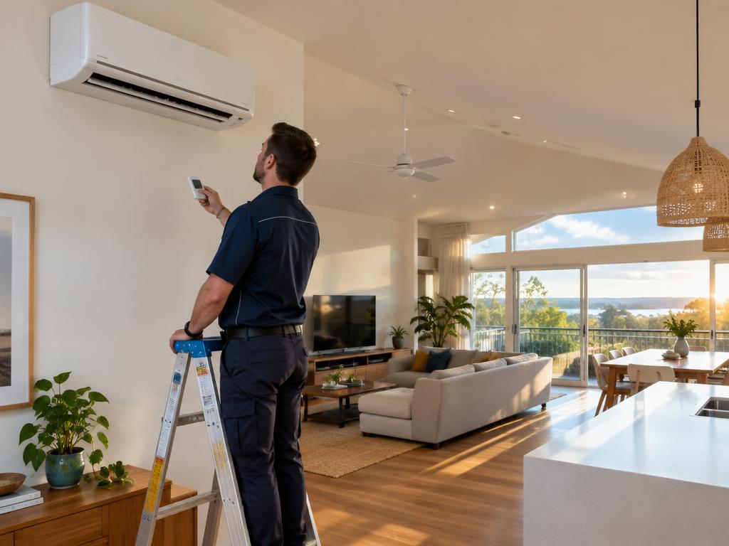 Technician testing a large split-system air conditioner in a spacious open-plan home