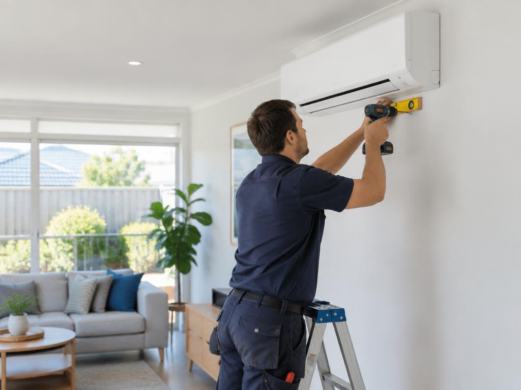 Technician mounting a small split-system air conditioner indoor unit on a living room wall