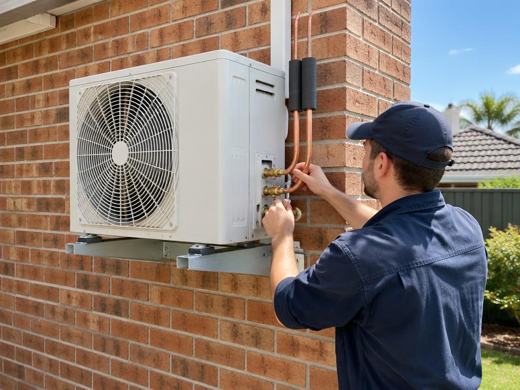 Technician connecting copper pipework to a split-system outdoor unit on a brick wall