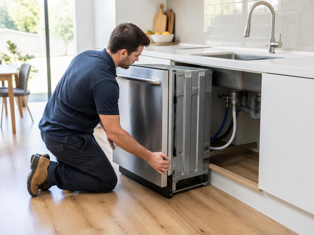Technician sliding a stainless steel dishwasher into a kitchen cabinet cavity