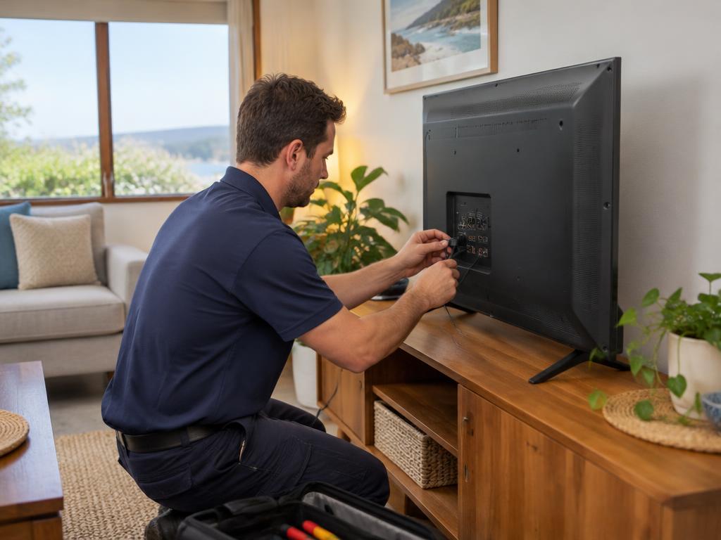 Technician connecting cables behind a flat-screen TV on a wooden entertainment unit