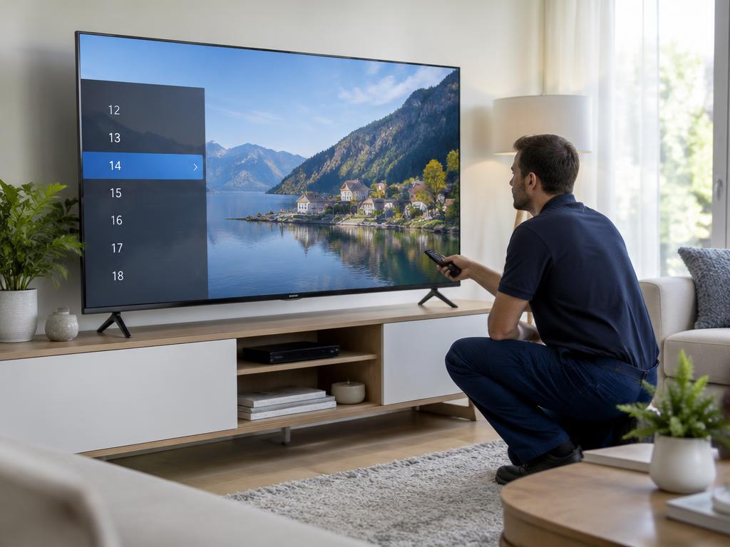 Technician tuning channels on a large flat-screen TV standing on a modern console