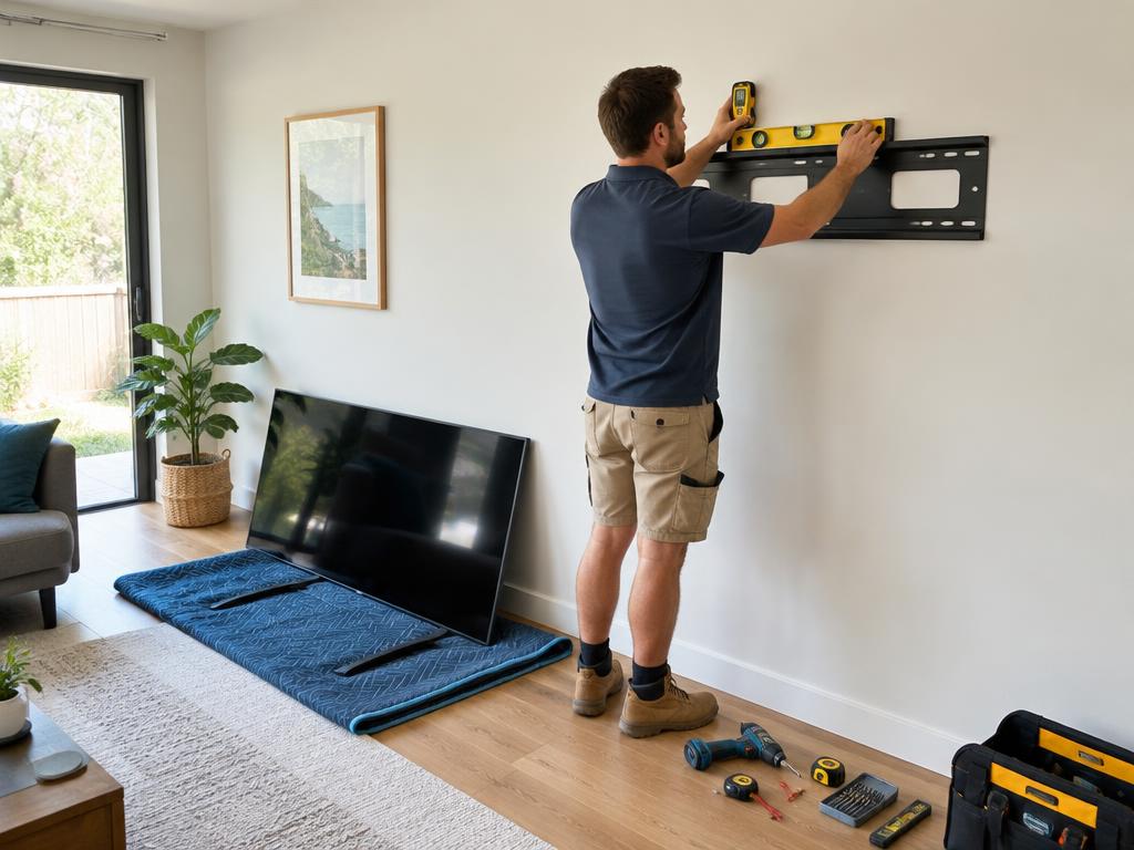 Technician levelling a TV wall bracket with the television resting safely on a blanket
