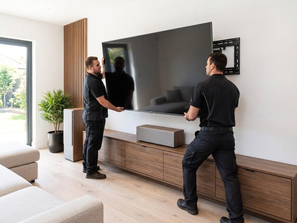 Two technicians lifting a large TV onto a wall mount in a home theatre room