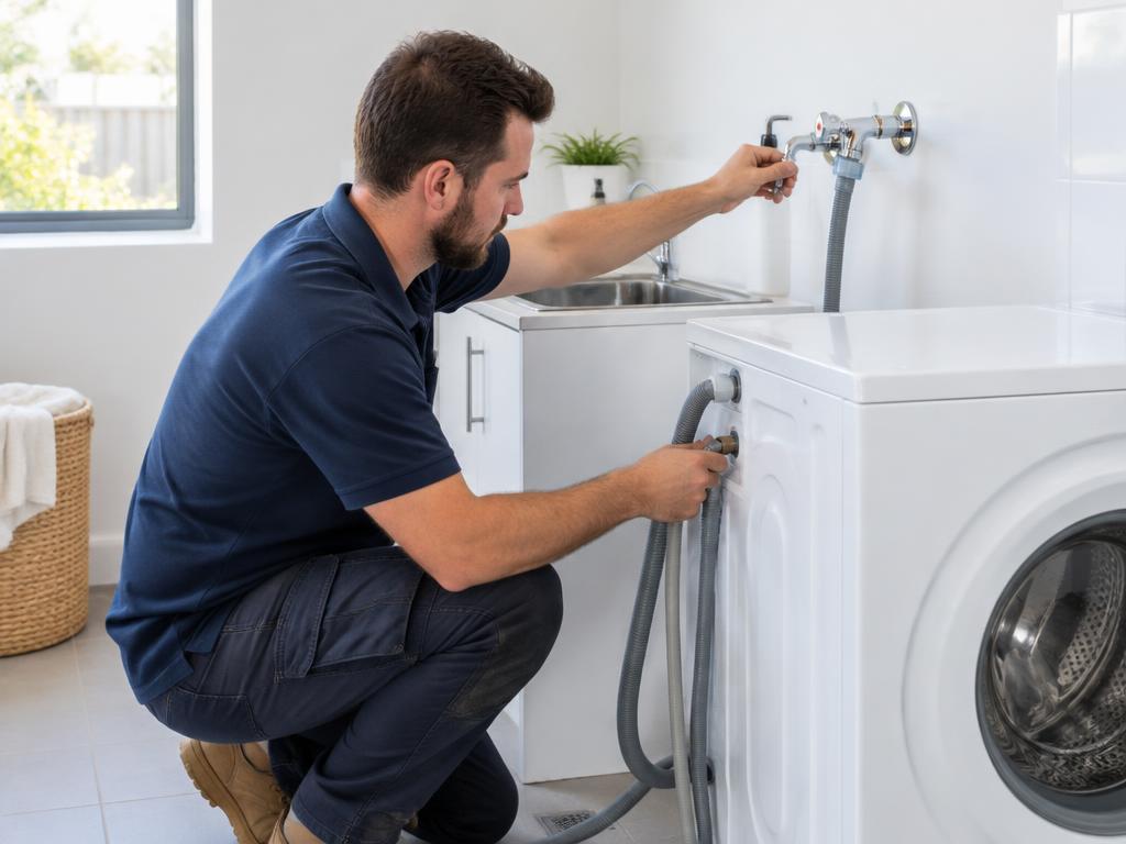 Technician connecting hoses to a front-loading washing machine in a bright laundry
